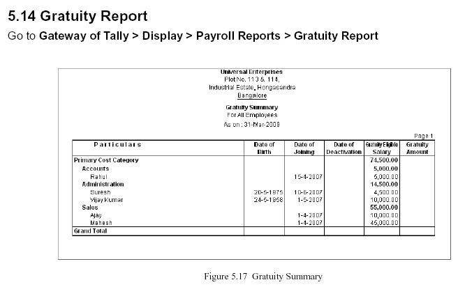 'Gratuity' Report @ Tally.ERP 9